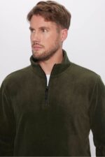 Unisex Standart Fit Rahat Kesim Tuylenme Yapmayan Soguk Gecirmez Koyu Haki Dik Yaka Polar Sweatshirt - Resim 1