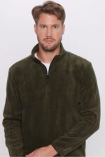 Unisex Standart Fit Rahat Kesim Tuylenme Yapmayan Soguk Gecirmez Koyu Haki Dik Yaka Polar Sweatshirt - Resim 2