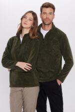 Unisex Standart Fit Rahat Kesim Tuylenme Yapmayan Soguk Gecirmez Koyu Haki Dik Yaka Polar Sweatshirt - Resim 3