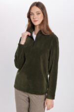 Unisex Standart Fit Rahat Kesim Tuylenme Yapmayan Soguk Gecirmez Koyu Haki Dik Yaka Polar Sweatshirt - Resim 4