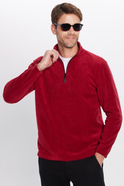 Unisex Standart Fit Anti Pilling Tuylenme Yapmayan Soguk Gecirmez Bordo Dik Yaka Polar Sweatshirt - Resim 2
