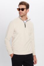 Unisex Standart Fit Rahat Kesim Tuylenme Yapmayan Soguk Gecirmez Bej Dik Yaka Polar Sweatshirt - Resim 2