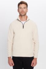 Unisex Standart Fit Rahat Kesim Tuylenme Yapmayan Soguk Gecirmez Bej Dik Yaka Polar Sweatshirt - Resim 3