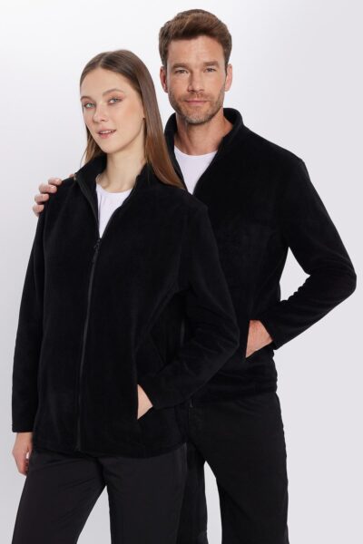 Unisex Siyah Anti Pilling Tuylenme Yapmayan Standart Fit Tam Fermuarli Soguk Gecirmez Polar Hirka - Resim 1
