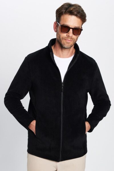 Unisex Siyah Anti Pilling Tuylenme Yapmayan Standart Fit Tam Fermuarli Soguk Gecirmez Polar Hirka - Resim 2