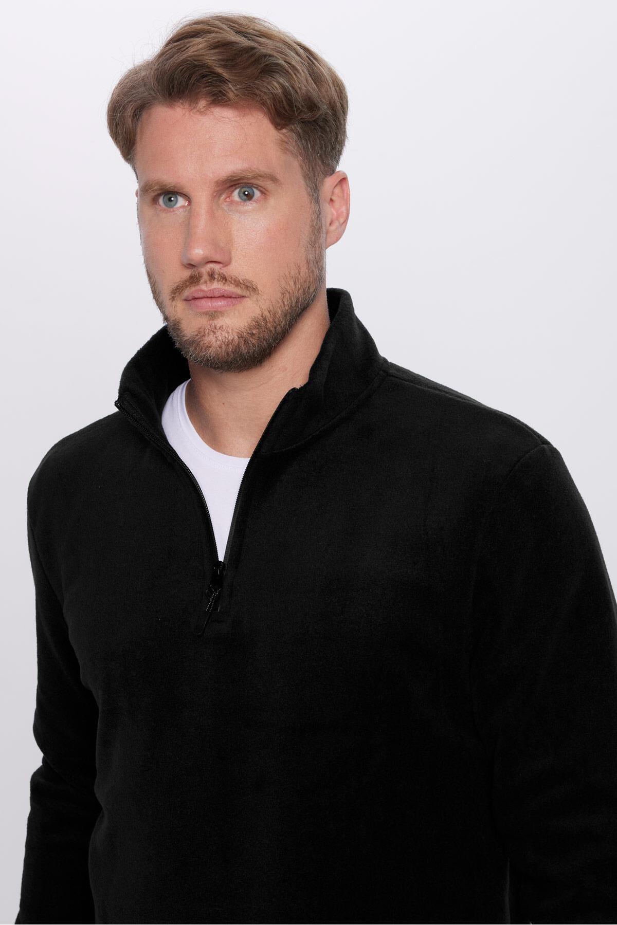 Unisex Standart Fit Rahat Kesim Tuylenme Yapmayan Soguk Gecirmez Siyah Dik Yaka Polar Sweatshirt - Resim 1