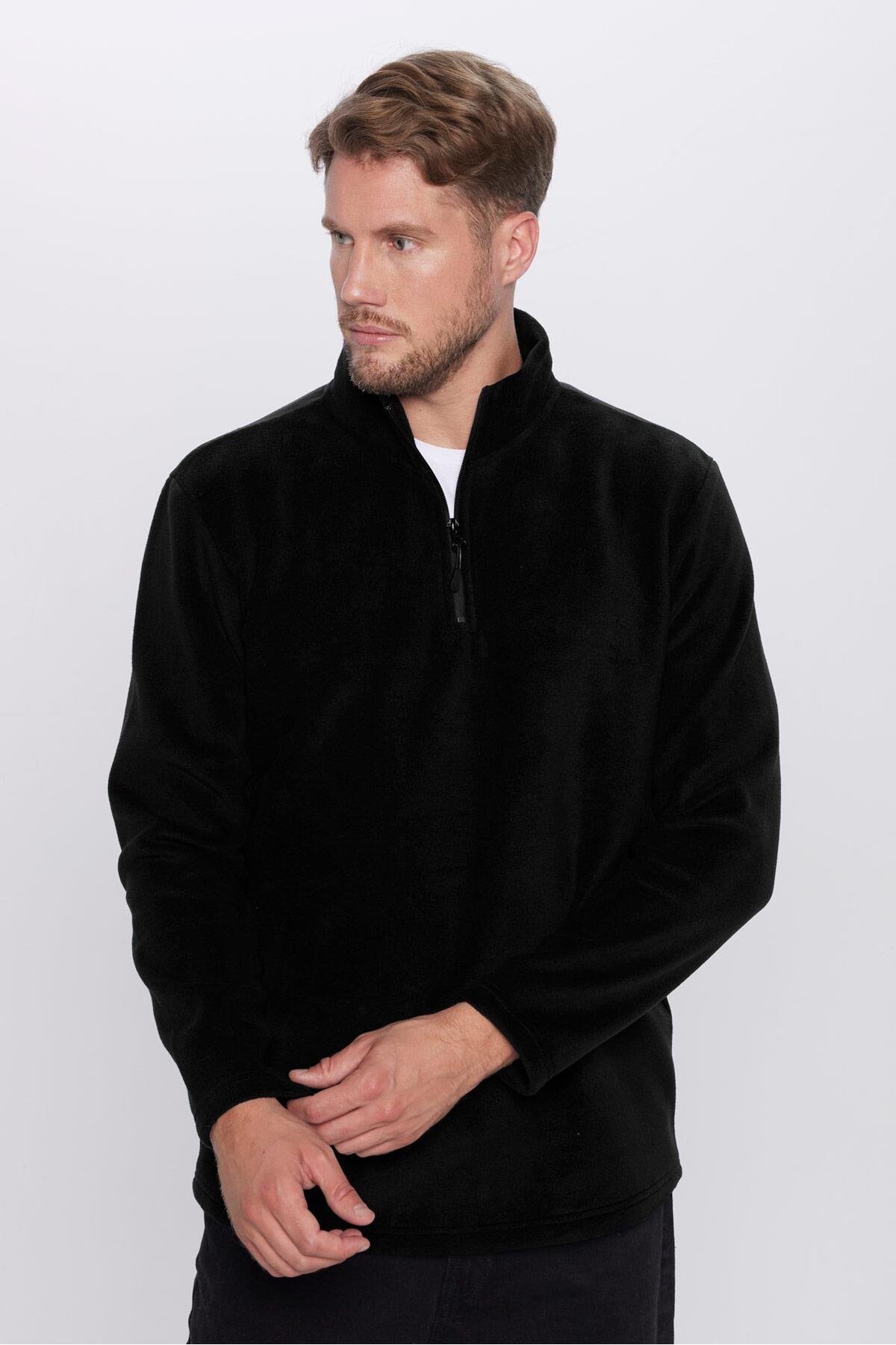 Unisex Standart Fit Rahat Kesim Tuylenme Yapmayan Soguk Gecirmez Siyah Dik Yaka Polar Sweatshirt - Resim 2