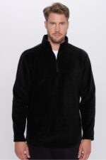 Unisex Standart Fit Rahat Kesim Tuylenme Yapmayan Soguk Gecirmez Siyah Dik Yaka Polar Sweatshirt - Resim 3