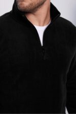 Unisex Standart Fit Rahat Kesim Tuylenme Yapmayan Soguk Gecirmez Siyah Dik Yaka Polar Sweatshirt - Resim 4