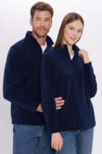 Unisex Standart Fit Rahat Kesim Tuylenme Yapmayan Soguk Gecirmez Lacivert Dik Yaka Polar Sweatshirt - Resim 3