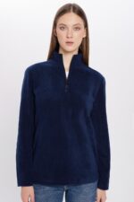 Unisex Standart Fit Rahat Kesim Tuylenme Yapmayan Soguk Gecirmez Lacivert Dik Yaka Polar Sweatshirt - Resim 4