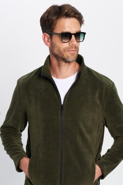 Unisex Haki Anti Pilling Tuylenme Yapmayan Standart Fit Tam Fermuarli Soguk Gecirmez Polar Hirka - Resim 1