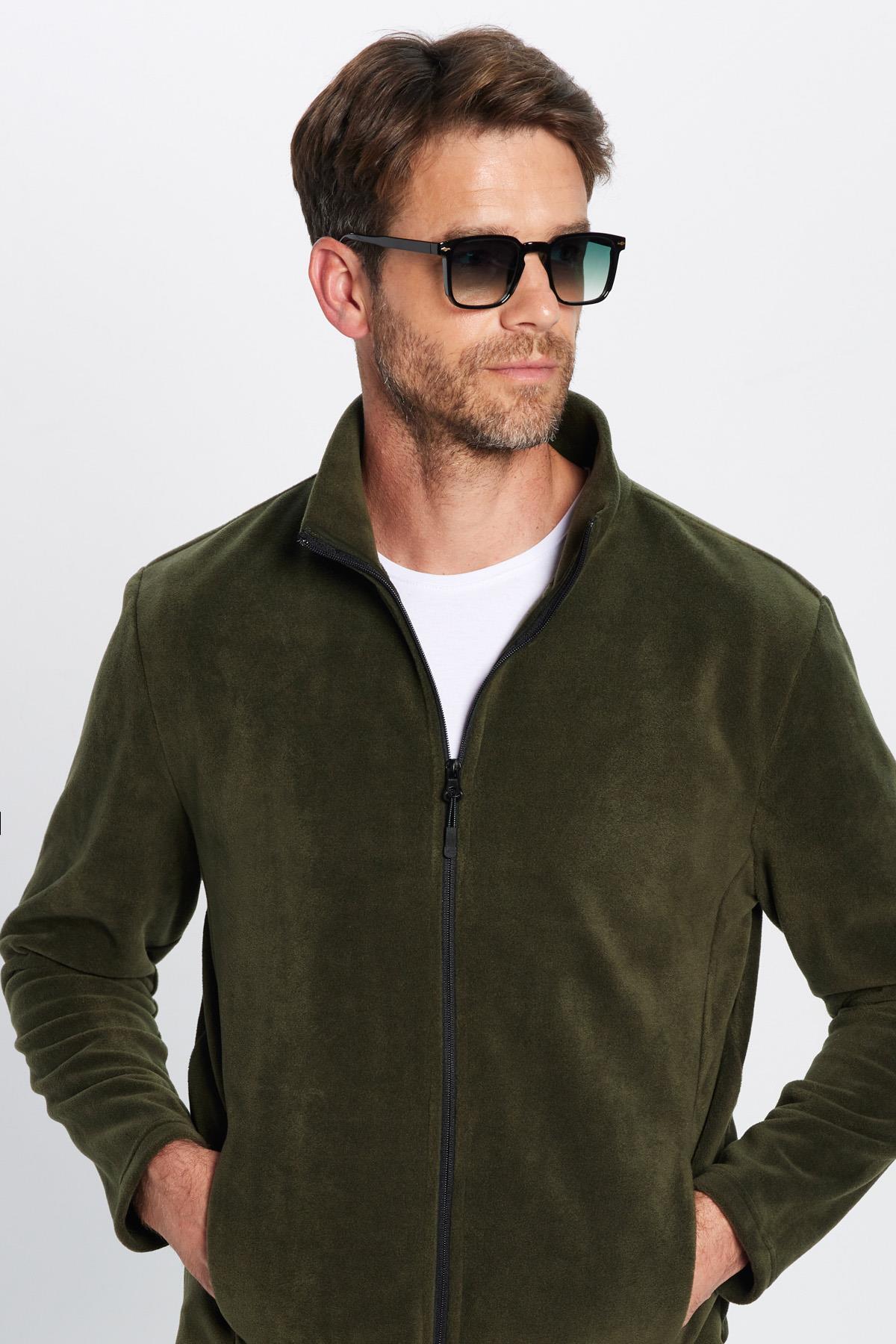 Unisex Haki Anti Pilling Tuylenme Yapmayan Standart Fit Tam Fermuarli Soguk Gecirmez Polar Hirka - Resim 1