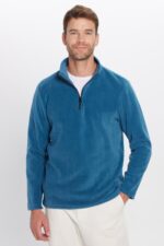 Unisex Standart Fit Rahat Kesim Tuylenme Yapmayan Soguk Gecirmez Indigo Dik Yaka Polar Sweatshirt - Resim 3