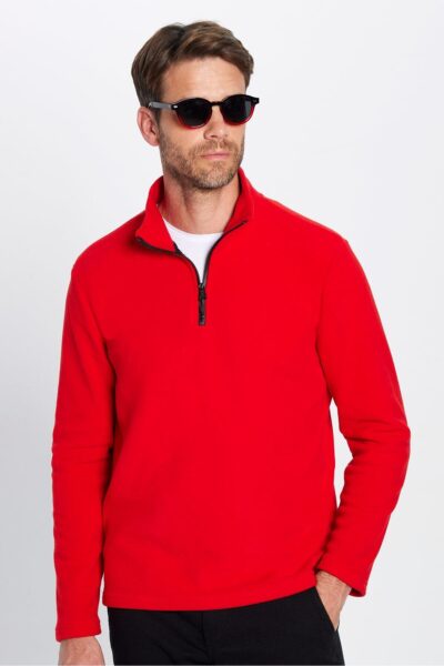 Unisex Standart Fit Anti Pilling Tuylenme Yapmayan Soguk Gecirmez Kirmizi Dik Yaka Polar Sweatshirt - Resim 2