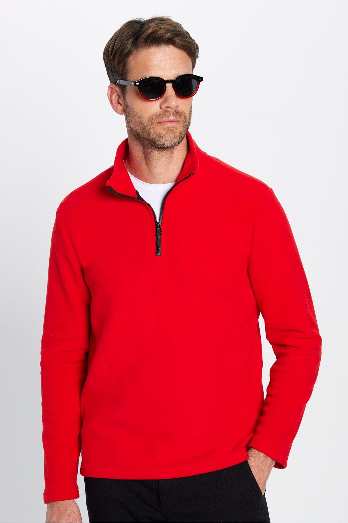 Unisex Standart Fit Anti Pilling Tuylenme Yapmayan Soguk Gecirmez Kirmizi Dik Yaka Polar Sweatshirt - Resim 2