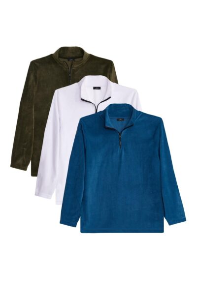 Unisex 3 Lu Paket Haki Ekru Indigo Standart Fit Tuylenme Yapmayan Soguk Gecirmez Polar Sweatshirt - Resim 1