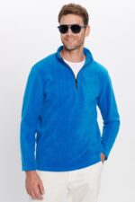 Unisex Standart Fit Anti Pilling Tuylenme Yapmayan Soguk Gecirmez Sax Mavi Dik Yaka Polar Sweatshirt - Resim 1