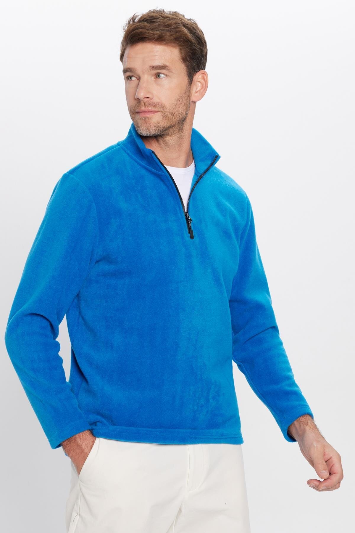 Unisex Standart Fit Anti Pilling Tuylenme Yapmayan Soguk Gecirmez Sax Mavi Dik Yaka Polar Sweatshirt - Resim 2