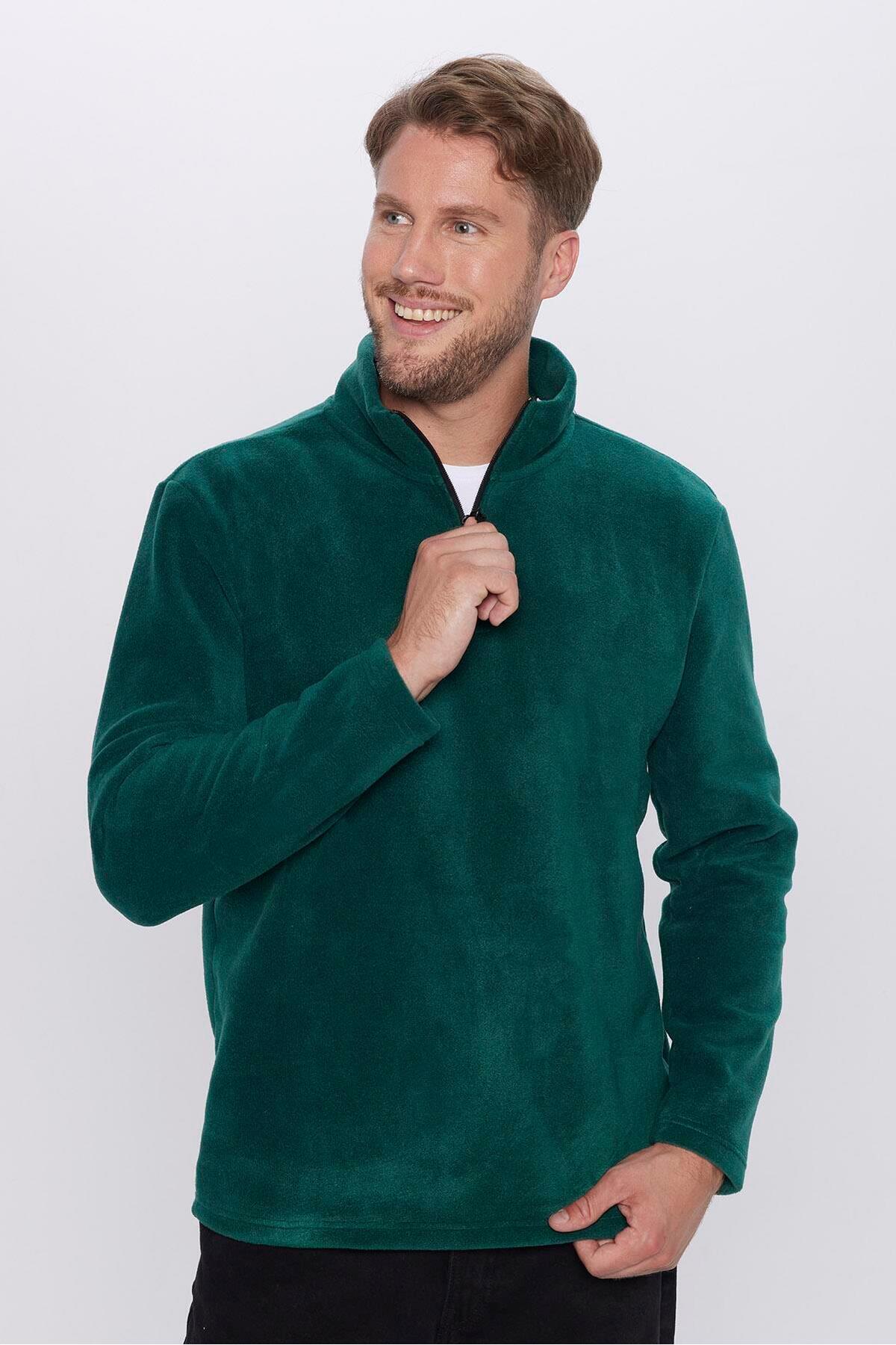 Unisex Standart Fit Rahat Kesim Tuylenme Yapmayan Soguk Gecirmez Yesil Dik Yaka Polar Sweatshirt - Resim 1