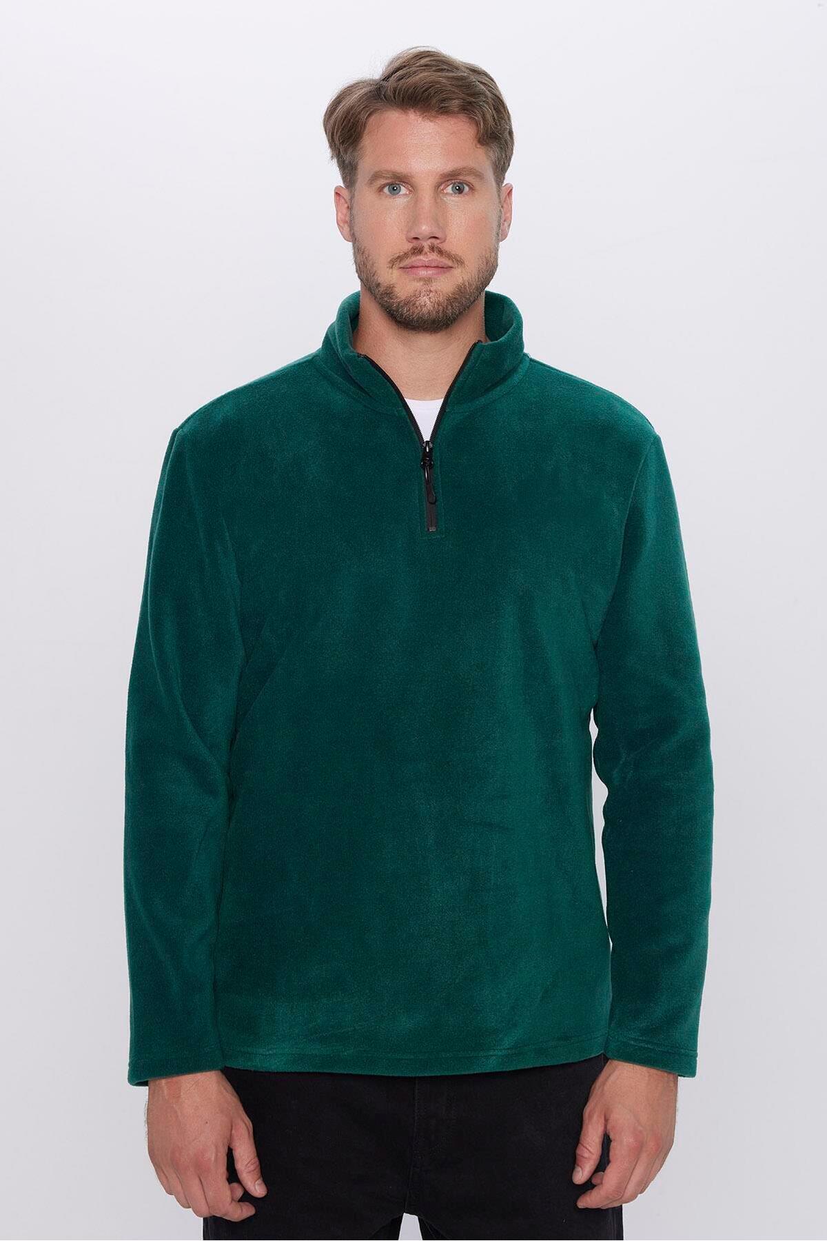 Unisex Standart Fit Rahat Kesim Tuylenme Yapmayan Soguk Gecirmez Yesil Dik Yaka Polar Sweatshirt - Resim 2