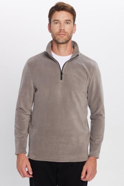 Unisex Standart Fit Anti Pilling Tuylenme Yapmayan Soguk Gecirmez Gri Bato Yaka Polar Sweatshirt - Resim 2