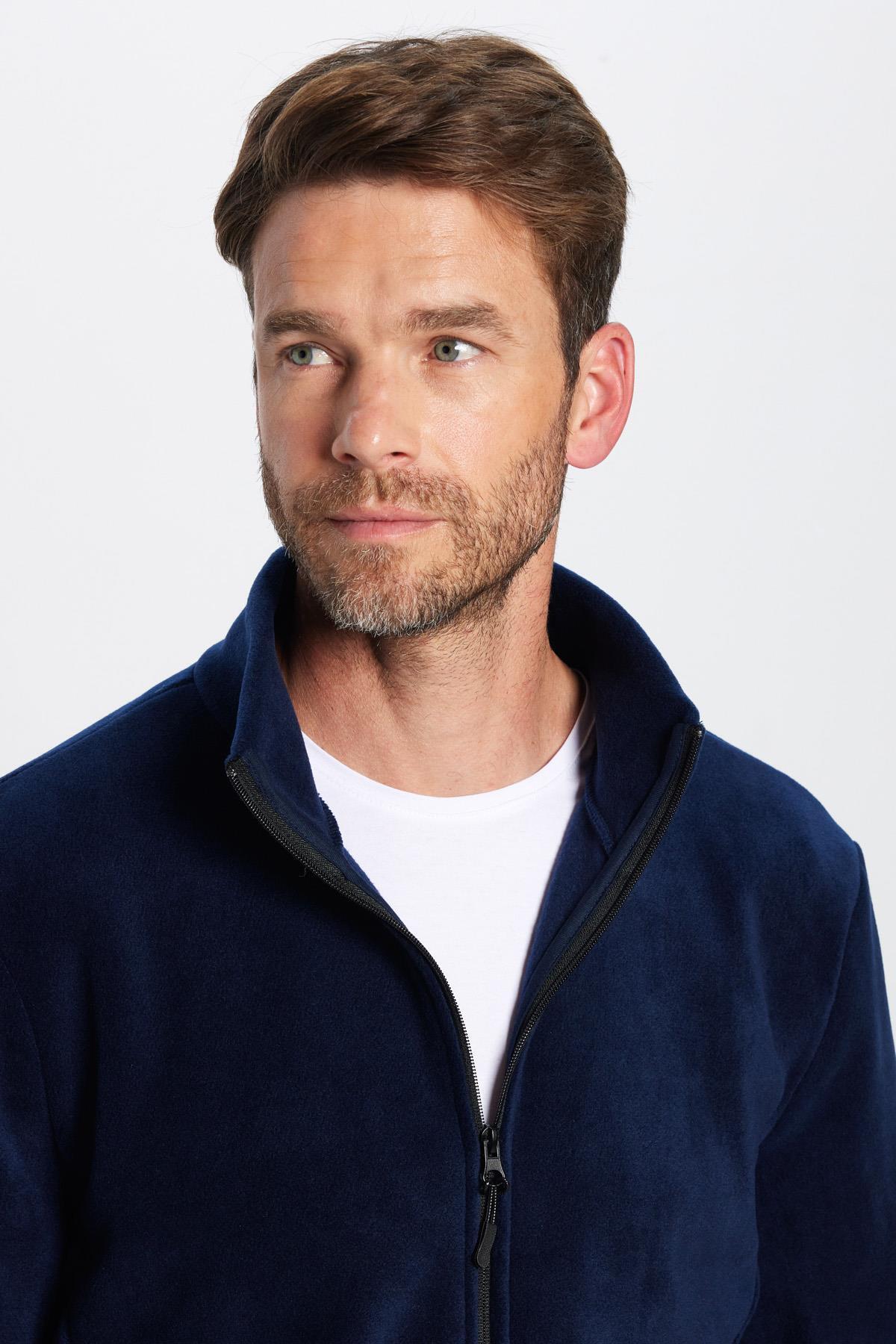 Unisex Lacivert Anti Pilling Tuylenme Yapmayan Standart Fit Tam Fermuarli Soguk Gecirmez Polar Hirka - Resim 2