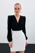 Kruvaze Vatkali Bodysuit Siyah - Resim 1