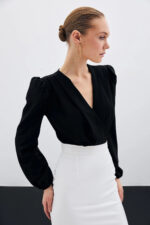 Kruvaze Vatkali Bodysuit Siyah - Resim 2