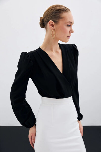 Kruvaze Vatkali Bodysuit Siyah - Resim 2