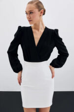 Kruvaze Vatkali Bodysuit Siyah - Resim 3