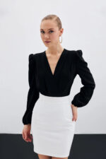 Kruvaze Vatkali Bodysuit Siyah - Resim 4