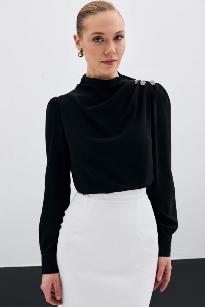 Dugmeleri Tas Detayli Bluz Siyah - Resim 2