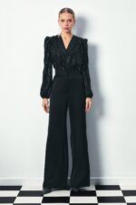 Parlak Cizgili Bodysuit Bluz Siyah - Resim 1