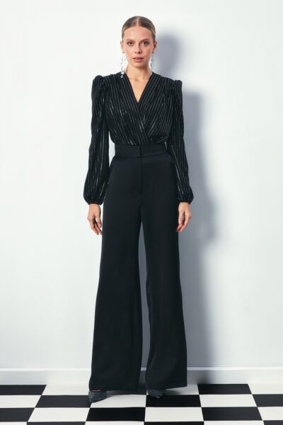 Parlak Cizgili Bodysuit Bluz Siyah - Resim 1