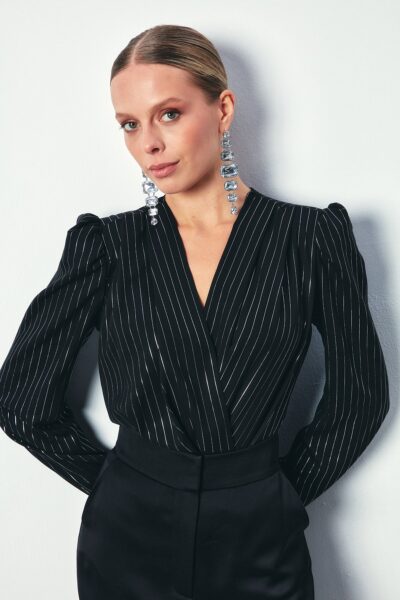 Parlak Cizgili Bodysuit Bluz Siyah - Resim 2