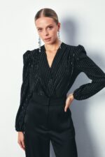 Parlak Cizgili Bodysuit Bluz Siyah - Resim 3