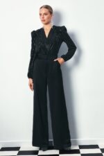 Parlak Cizgili Bodysuit Bluz Siyah - Resim 4