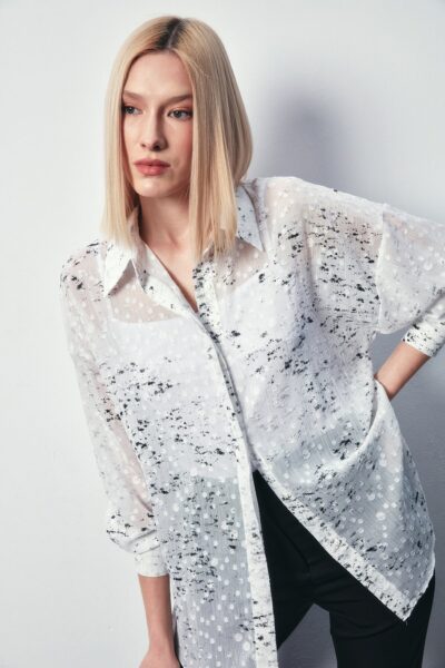 Varakli Genis Gomlek Ekru Gumus - Resim 1