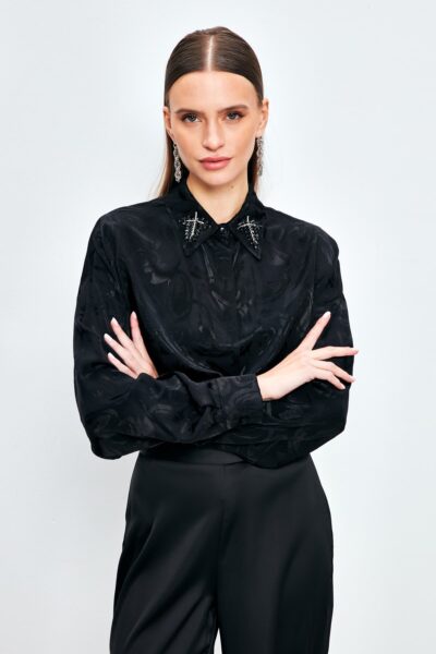 Yaka Aksesuarli Desenli Gomlek Siyah - Resim 1