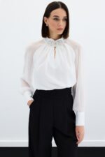 Yaka Aksesuarli Bluz Ekru - Resim 2