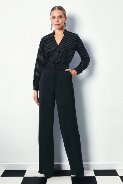 Kruvaze Parlak Cizgili Bluz Siyah - Resim 1