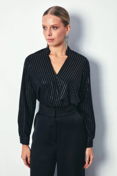 Kruvaze Parlak Cizgili Bluz Siyah - Resim 2