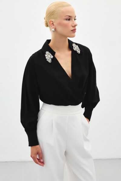 Aksesuar Detayli Bodysuit Bluz Siyah - Resim 1
