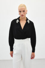 Aksesuar Detayli Bodysuit Bluz Siyah - Resim 2