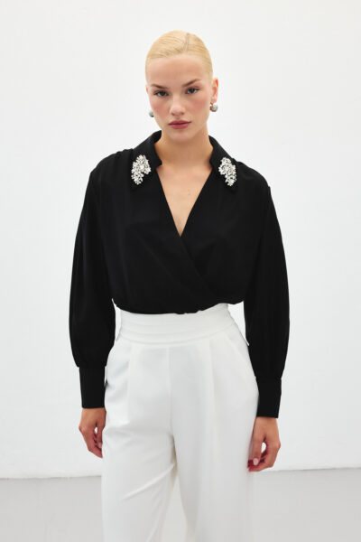 Aksesuar Detayli Bodysuit Bluz Siyah - Resim 2
