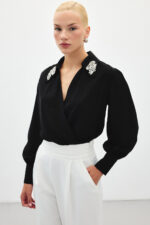Aksesuar Detayli Bodysuit Bluz Siyah - Resim 3