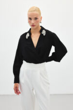 Aksesuar Detayli Bodysuit Bluz Siyah - Resim 4