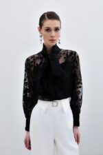 Fularli Cicek Desenli Gomlek Siyah - Resim 1