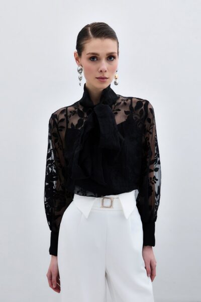 Fularli Cicek Desenli Gomlek Siyah - Resim 1